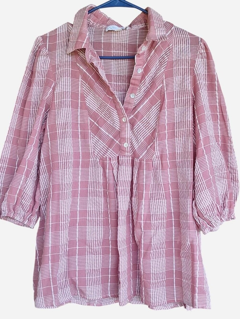Weekend Suzanne Betro White Dusty Pink Plaid blouse Size L Peasant Coattage Boho